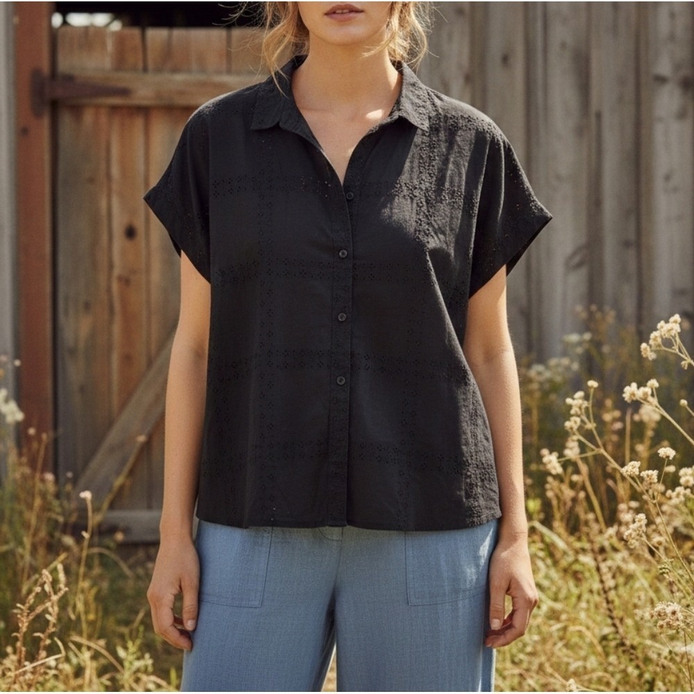 New Carbon2Cobalt Eyelet Top Women's XL Black Button Down Boxy Oversized